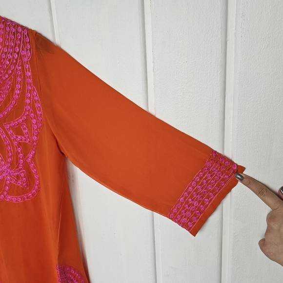 Gretchen Scott XS Orange Pink Sheer Oversized Embroidered BohoTunic Top - Picture 6 of 14